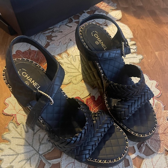 Chanel Calfskin Quilted Black Sandals Wedge 4.5 inches Shoes size 8 or 39 New - Picture 5 of 10
